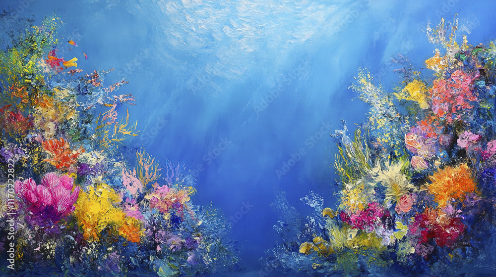Naklejka premium Vibrant coral reef scene with colorful marine life and blue water