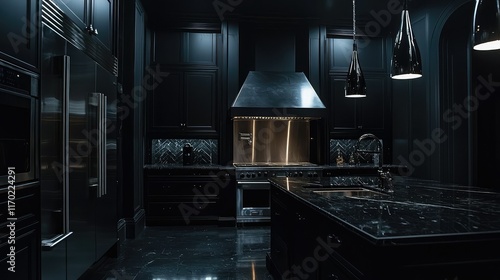 Elegant Modern Kitchen with Black Cabinets and Marble Countertops