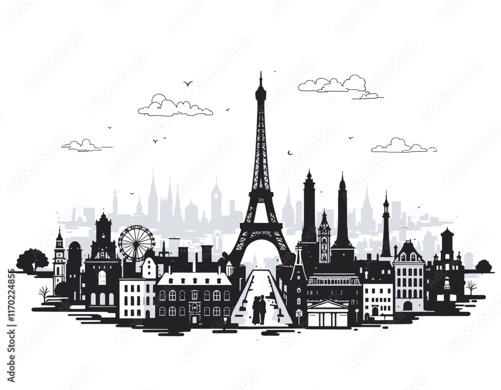 Obraz premium Elegant silhouette of Paris cityscape featuring iconic landmarks like the Eiffel Tower, Notre Dame, and Arc de Triomphe. A timeless design capturing the romantic charm and beauty of Paris in minimalis