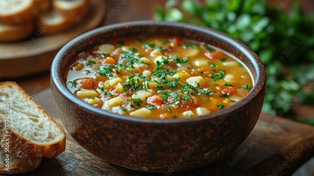 Aromatic Bean Soup with Fresh Herbs in Rustic Bowl Aromatic Bean Soup with Fresh Herbs in Rustic Bowl