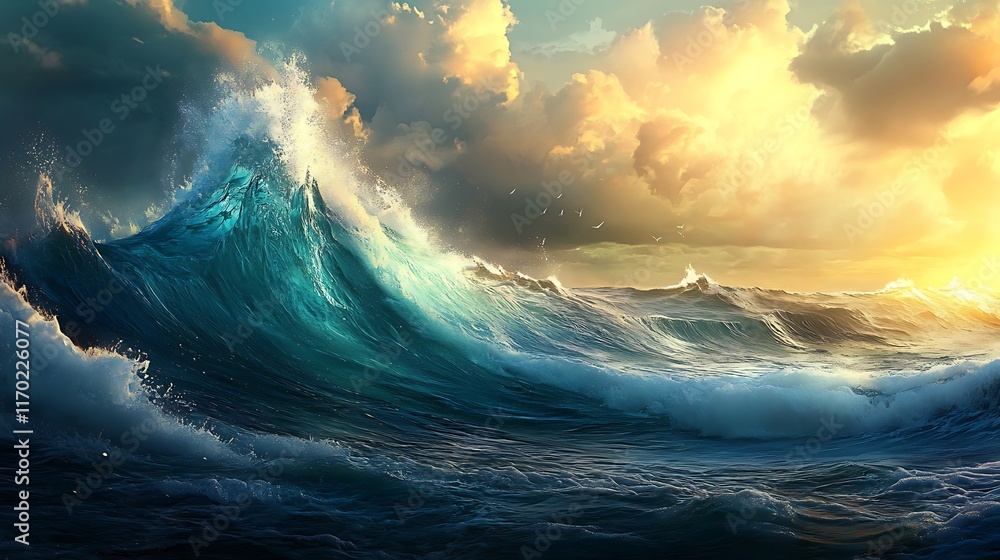 Fototapeta premium Majestic Ocean Waves Crashing Under a Golden Sunset Sky