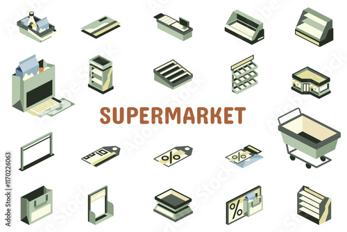 Supermarket Flat Vector Illustration Icon Sticker Set Design Materials