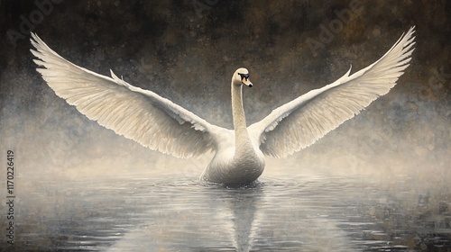 Fototapeta Naklejka Na Ścianę i Meble -  Majestic swan with wings outstretched on calm water.