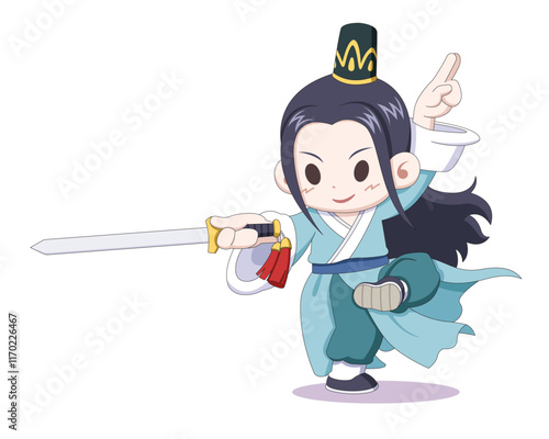 Cute style fantasy martial artist in Wuxia Chinese fiction sword dancing cartoon illustration
