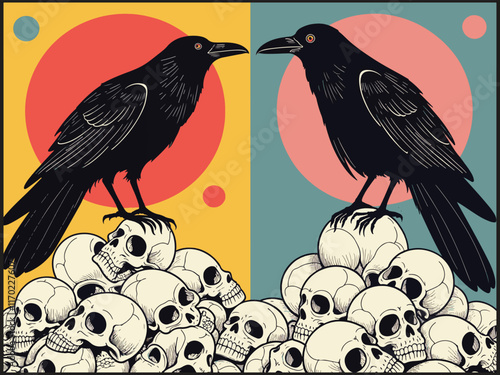Crow perched on a pile of skulls