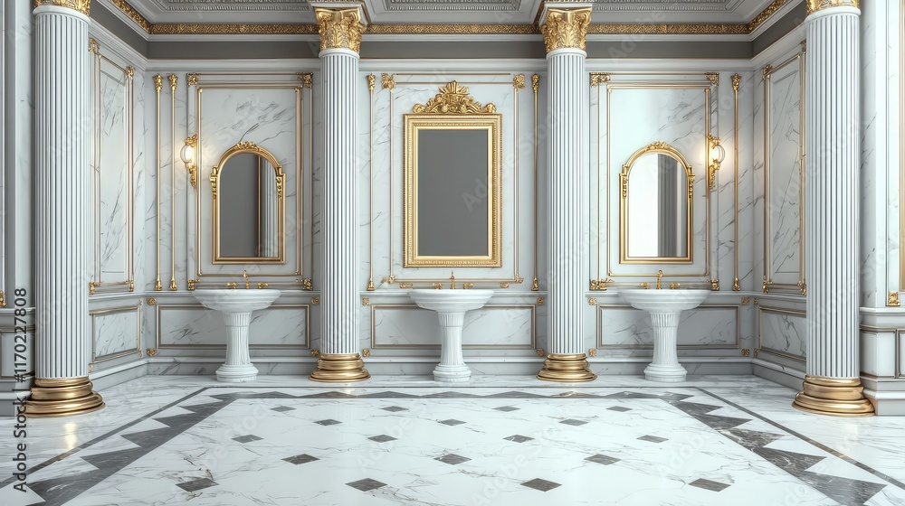 Obraz premium Elegant marble bathroom interior with golden details and mirrors