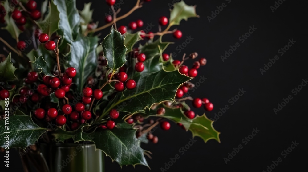 Close-up of holly berries and leaves in a vase against a dark background. Close-up of holly berries and leaves in a vase against a dark background.