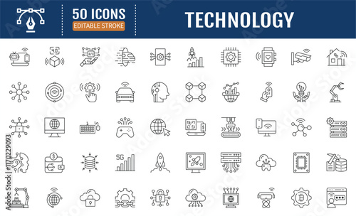 Technology Line Editable Icons set. Containing Industry 4.0, 5g, ai, robot, iot, near field communication, programming and more. Vector Illustration