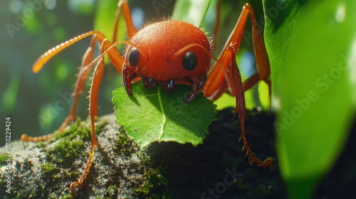 Close-up of a red ant eating a leaf on a tree branch. photo