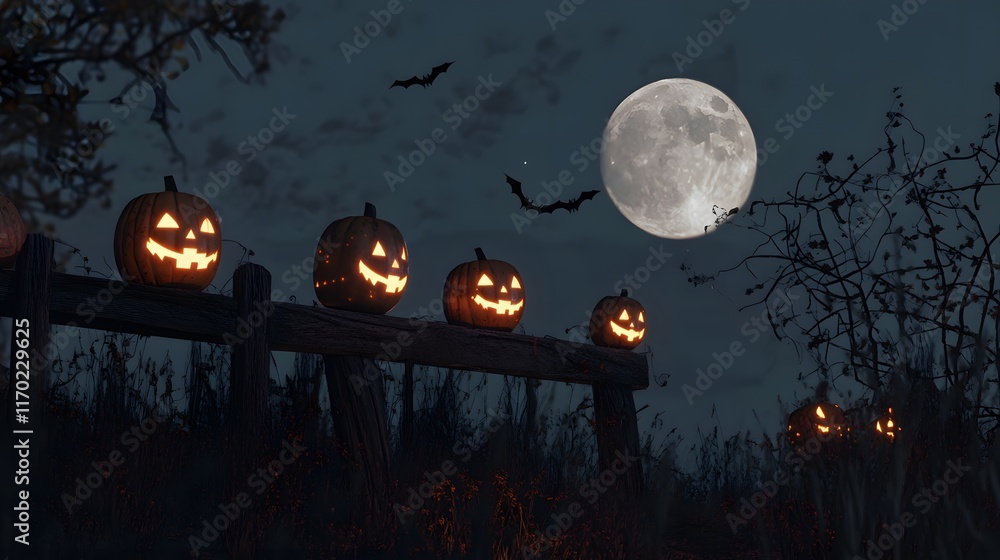 Fototapeta premium Illuminated Jackolanterns Resting On A Rustic Fence At Night