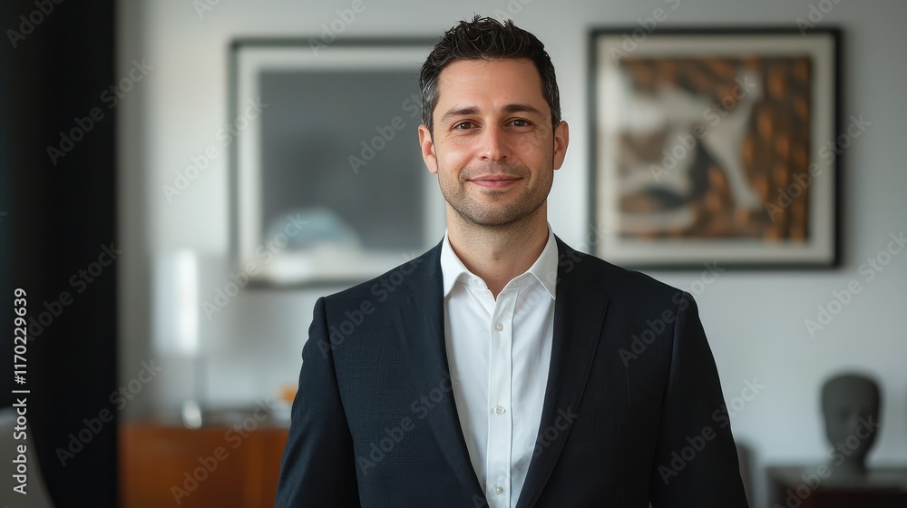Confident businessman in formal attire standing in modern office Confident businessman in formal attire standing in modern office
