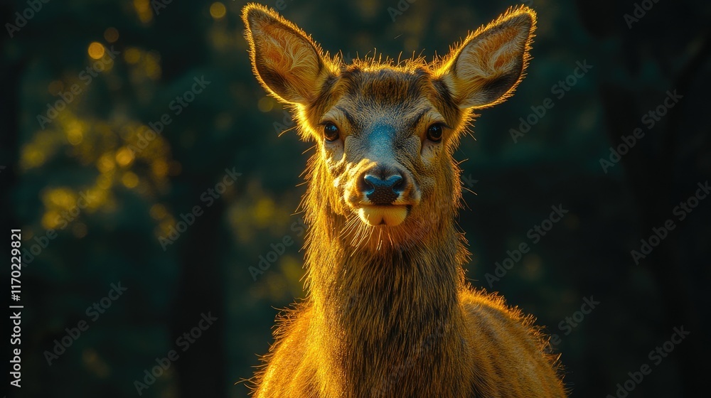 Fototapeta premium Close-up of a young deer in a forest, illuminated by golden sunlight.