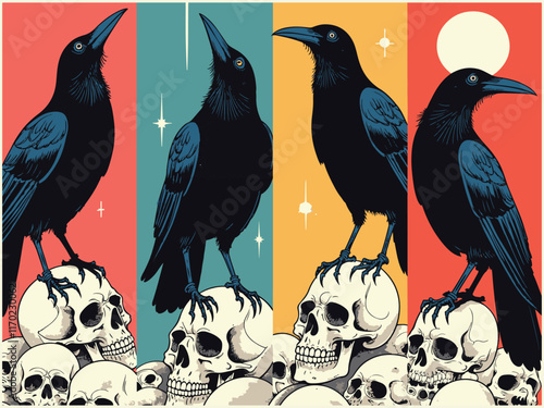 Crow perched on a pile of skulls