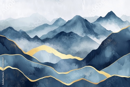 Abstract blue and gold mountain range landscape. (1)