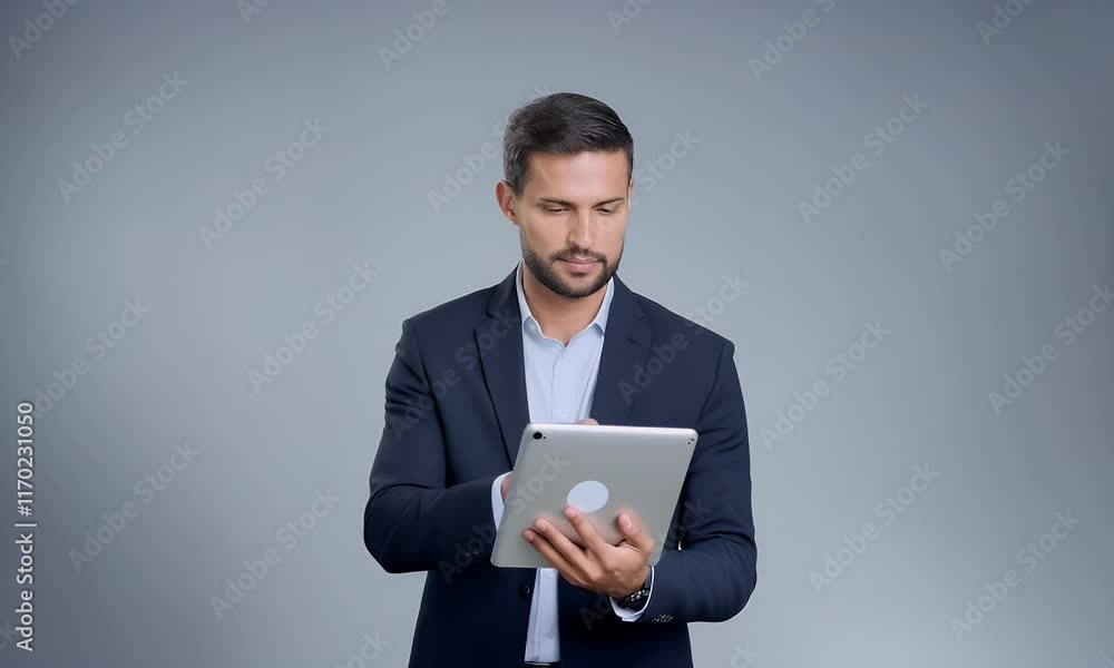 Focused Businessman Working on Tablet Against Green Screen Focused Businessman Working on Tablet Against Green Screen