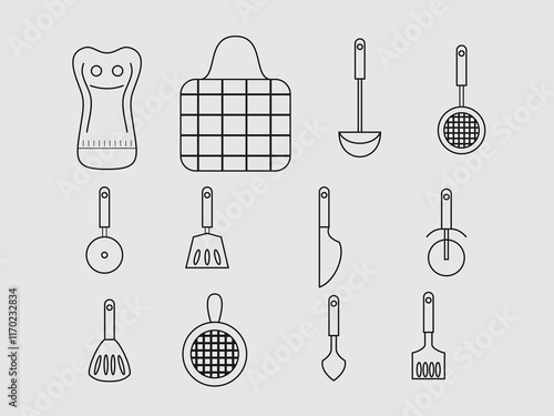 The image showcases a collection of kitchen utensils and tools depicted in simple line art on a light gray background