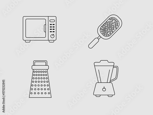 The image presents four common kitchen appliances depicted in a simple line art style against a light gray background