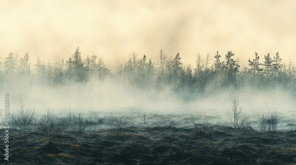 Fototapeta premium Misty Landscape with Fog Over Field and Trees at Dawn Light