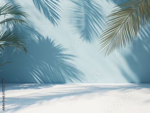 minimalist concept with palm leaves casting shadows on a blue wall and pastel floor, creating a summer tropical beach background in an empty room ideal for product placement