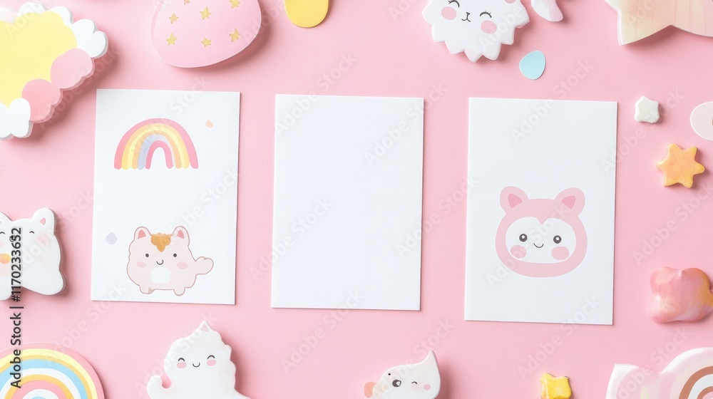 A set of five blank white cards on a pastel pink background surrounded by cute kawaii animals, rainbows, and sweet designs. Ideal for baby photo books, scrapbooking, or greeting cards. A set of five blank white cards on a pastel pink background surrounded by cute kawaii animals, rainbows, and sweet designs. Ideal for baby photo books, scrapbooking, or greeting cards.