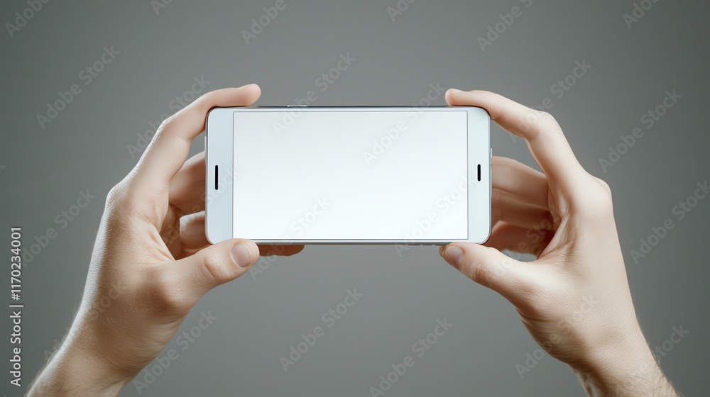 Hands holding a smartphone with a blank screen on a grey background. Hands holding a smartphone with a blank screen on a grey background.