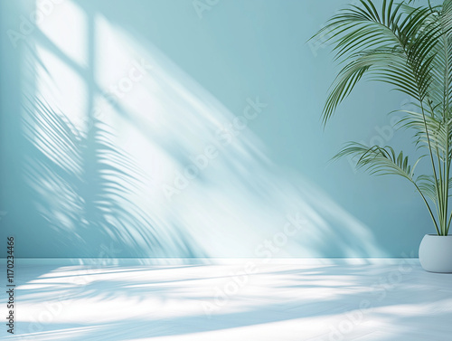 minimalist concept with palm leaves casting shadows on a blue wall and pastel floor, creating a summer tropical beach background in an empty room ideal for product placement