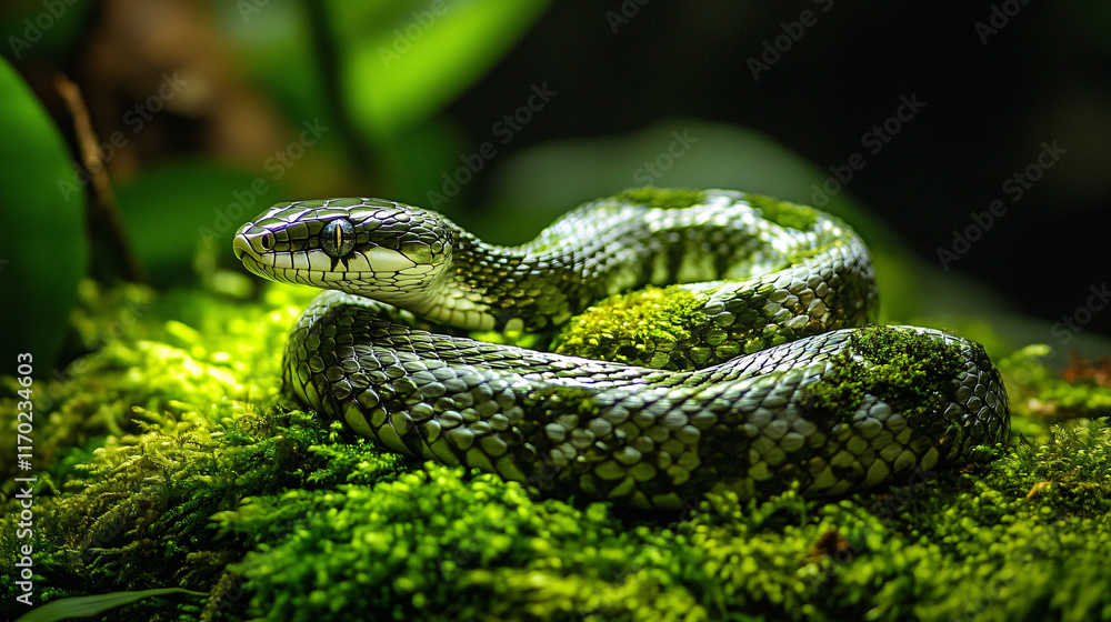 Fototapeta premium Chrome snake elegantly coiled mossy surface reflective texture serene natural background fusion technology wildlife ufo fluorescent crashed platonic fiction wallpaper wall art room decor artwork