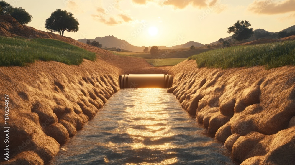 Fototapeta premium Sunset overflowing pipeline rural landscape digital art tranquil environment wide angle view nature's harmony