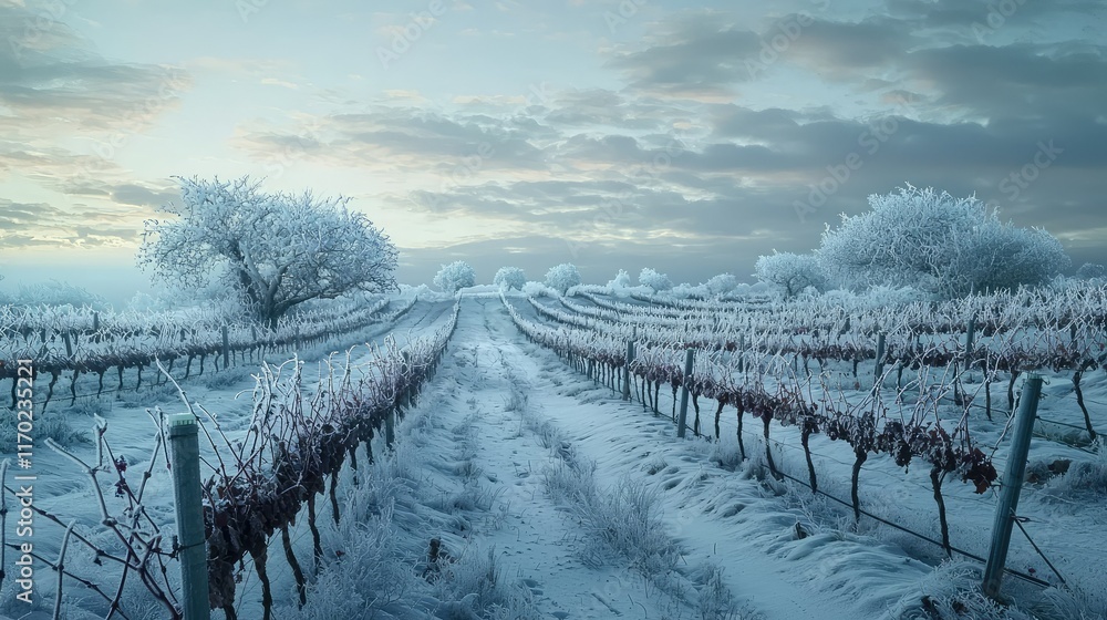 Frosty Vineyard Landscape Under Soft Blue Sky at Dusk Frosty Vineyard Landscape Under Soft Blue Sky at Dusk