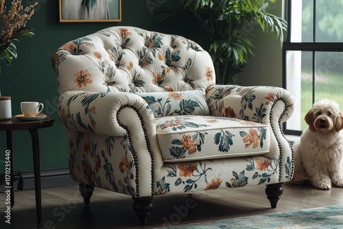 Elegant fabric club chair with floral pattern in beige, brown, teal, white, and gray, black legs, nail-head wood armrests, and a small table with coffee mugs, featuring a fluffy dog nearby. photo