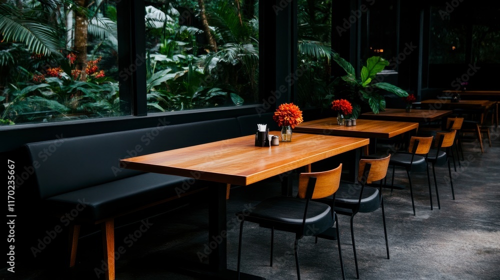 Obraz premium Modern dining area with wooden tables and lush greenery creating a serene and inviting atmosphere for patrons