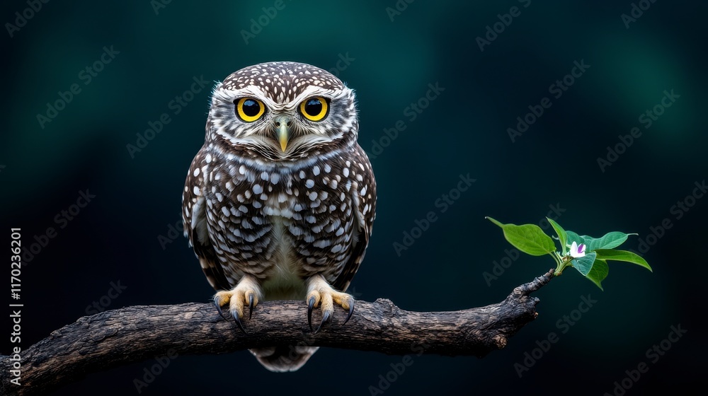 A captivating close-up of a spotted owl perched on a branch, showcasing its striking yellow eyes and intricate feather patterns A captivating close-up of a spotted owl perched on a branch, showcasing its striking yellow eyes and intricate feather patterns