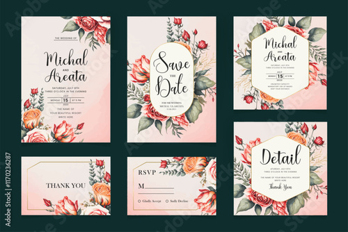 Set of wedding invitation card template with floral and leaves decoration invitation card template with greenery florals