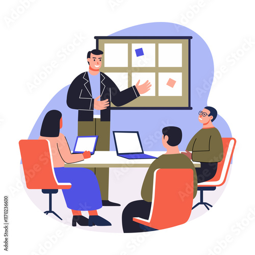 meeting in officA flat illustration depicting giving presentation to teammates 
e photo