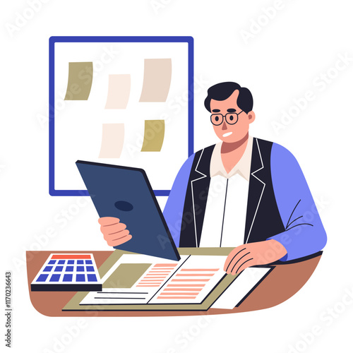 A flat character illustration of a working accountant 

