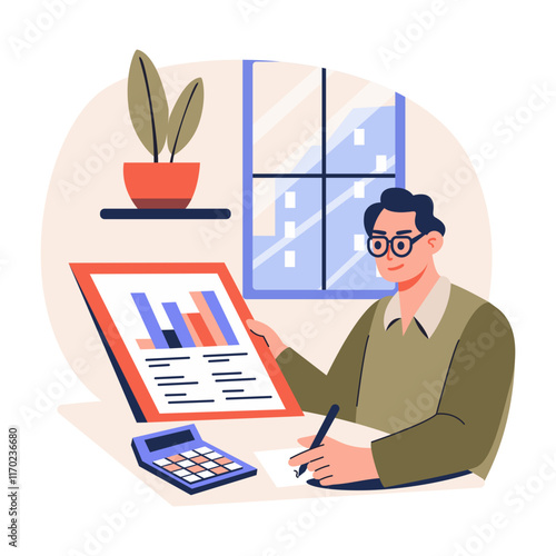 A flat character illustration of financial analyst 
