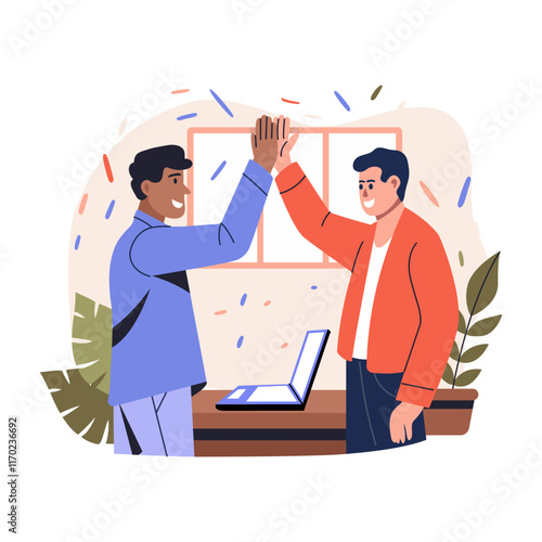 Employees giving high five on a team celebration, flat illustration 

