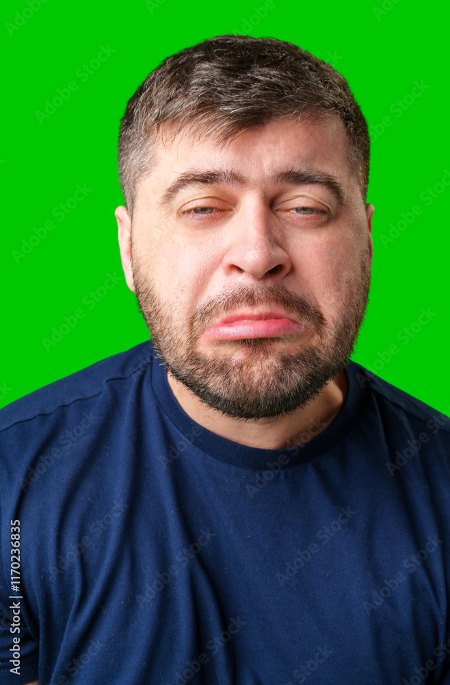 Man expressing confusion with crossed arms in front of a bright green background Man expressing confusion with crossed arms in front of a bright green background