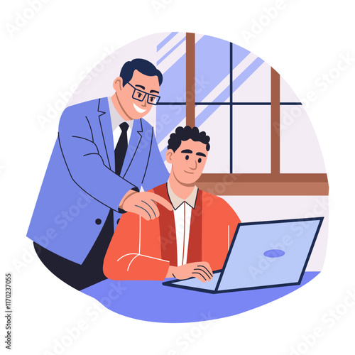 Senior guiding team member, flat illustration


