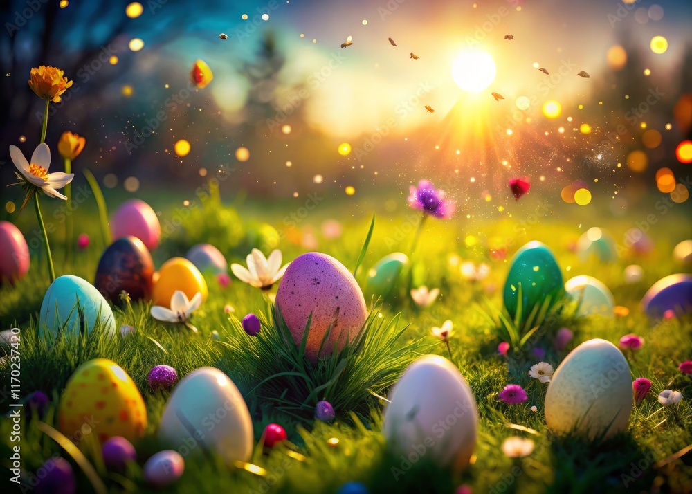 Vibrant Spring Landscape: Colorful Eggshell Explosion Across Green Meadow Vibrant Spring Landscape: Colorful Eggshell Explosion Across Green Meadow