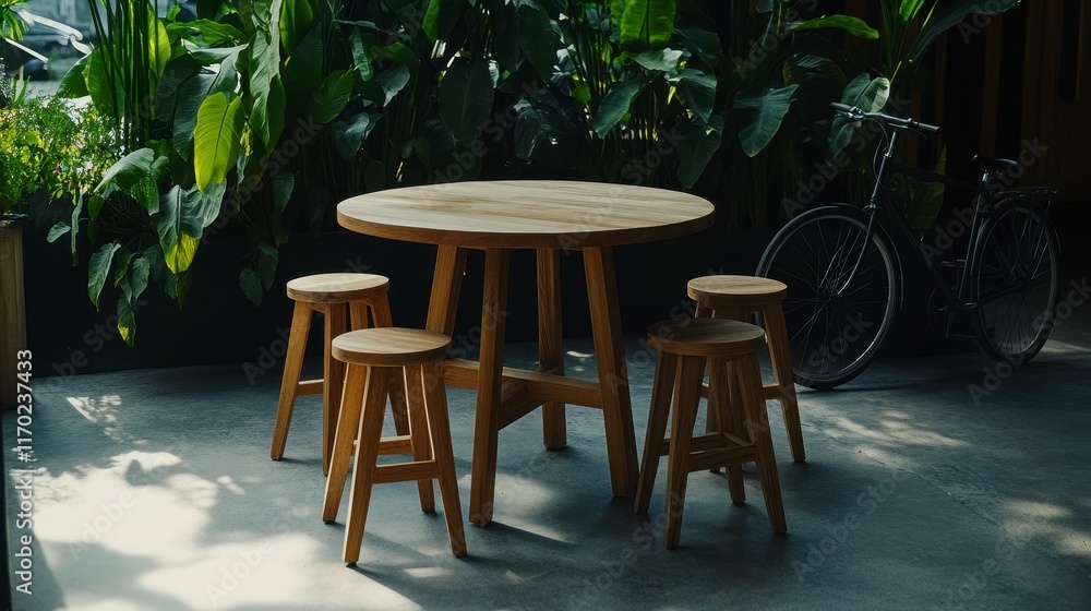 Fototapeta premium A beautifully arranged wooden dining set accompanied by a bicycle in a lush greenery setting, combining nature and modern design