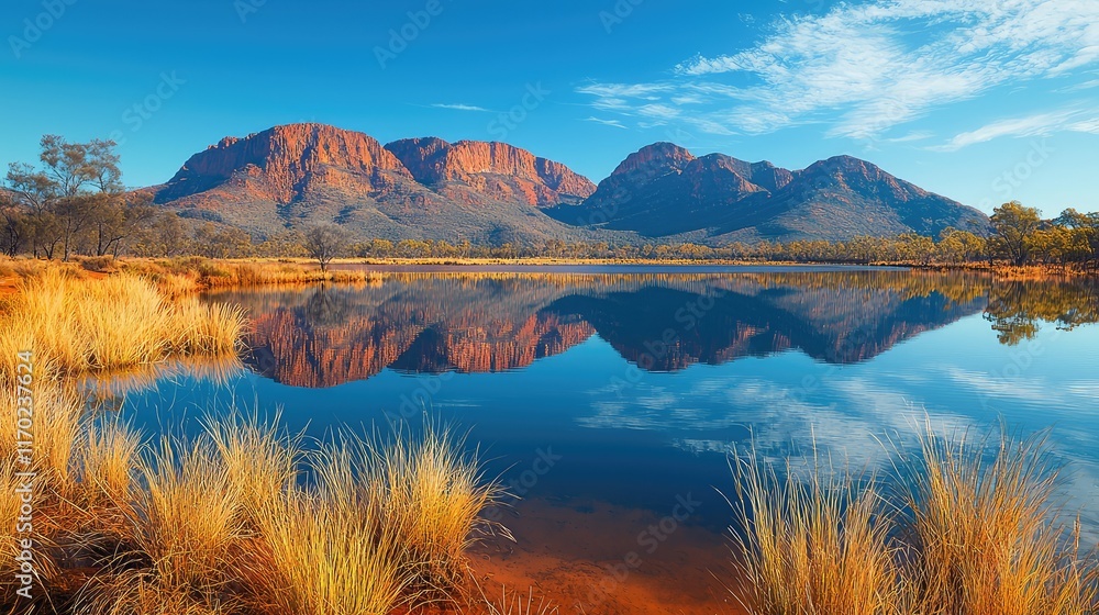 Naklejka premium Serene Landscape Reflection of Mountains in Calm Lake at Sunrise
