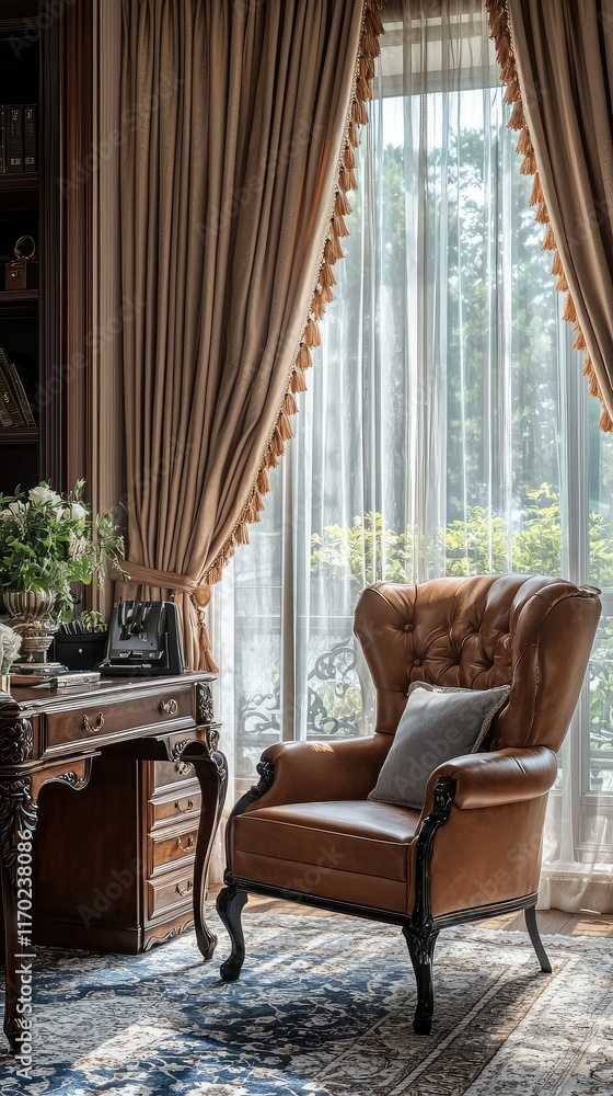 Fototapeta premium Elegant Vintage Interior with Armchair Near Cozy Window Scene