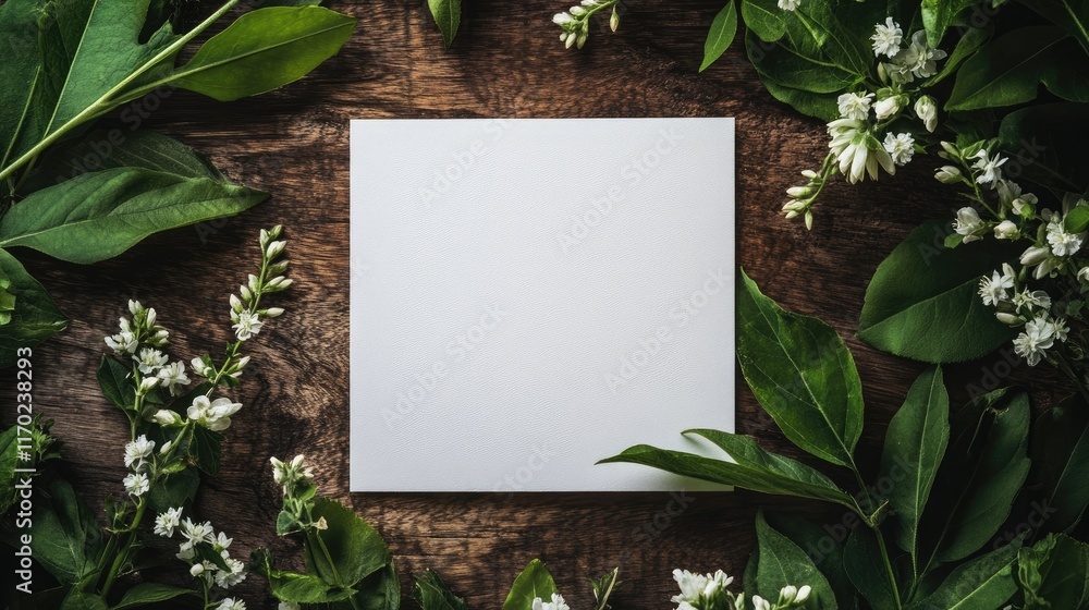 Blank white card placed on a wooden board with green leaves and white flowers, creating a serene nature-inspired design for invitations, branding, and organic projects. Blank white card placed on a wooden board with green leaves and white flowers, creating a serene nature-inspired design for invitations, branding, and organic projects.