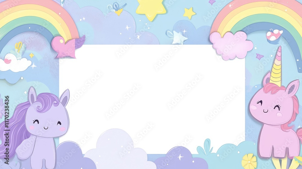 Blank white cards framed with pastel purple kawaii animals, rainbows, and colorful elements. Perfect for baby-themed scrapbooks, greeting cards, or design templates. Blank white cards framed with pastel purple kawaii animals, rainbows, and colorful elements. Perfect for baby-themed scrapbooks, greeting cards, or design templates.