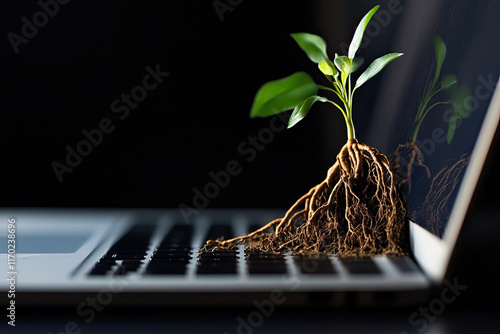 An open laptop with roots growing downward, symbolizing the digital age of learning rooted in knowledge photo