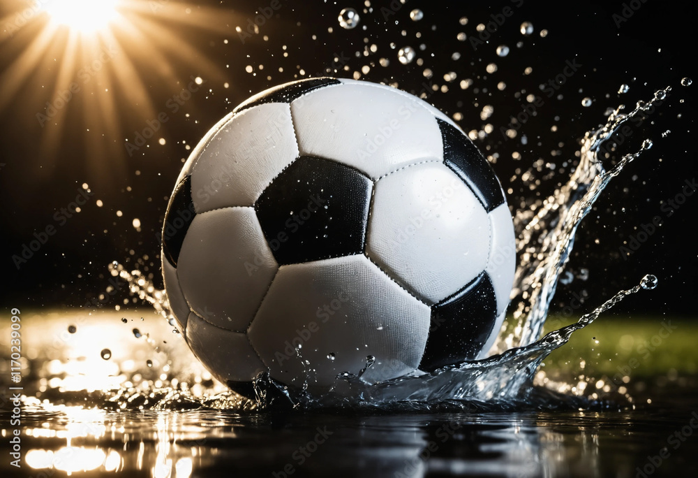 Naklejka premium soccer ball falling into water and splashing water drops