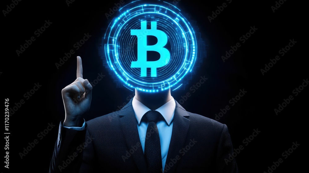 Businessman with Bitcoin symbol replacing his head, pointing upwards. Businessman with Bitcoin symbol replacing his head, pointing upwards.