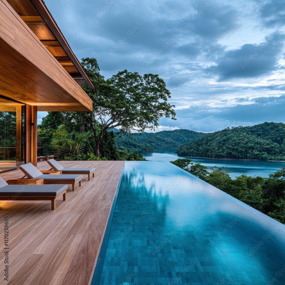 Obraz premium Luxurious infinity pool overlooking tranquil lake surrounded by lush greenery and dramatic sky at sunset