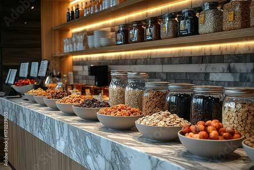 Breakfast buffet with various nuts, grains, and dried fruits displayed in bowls and jars.